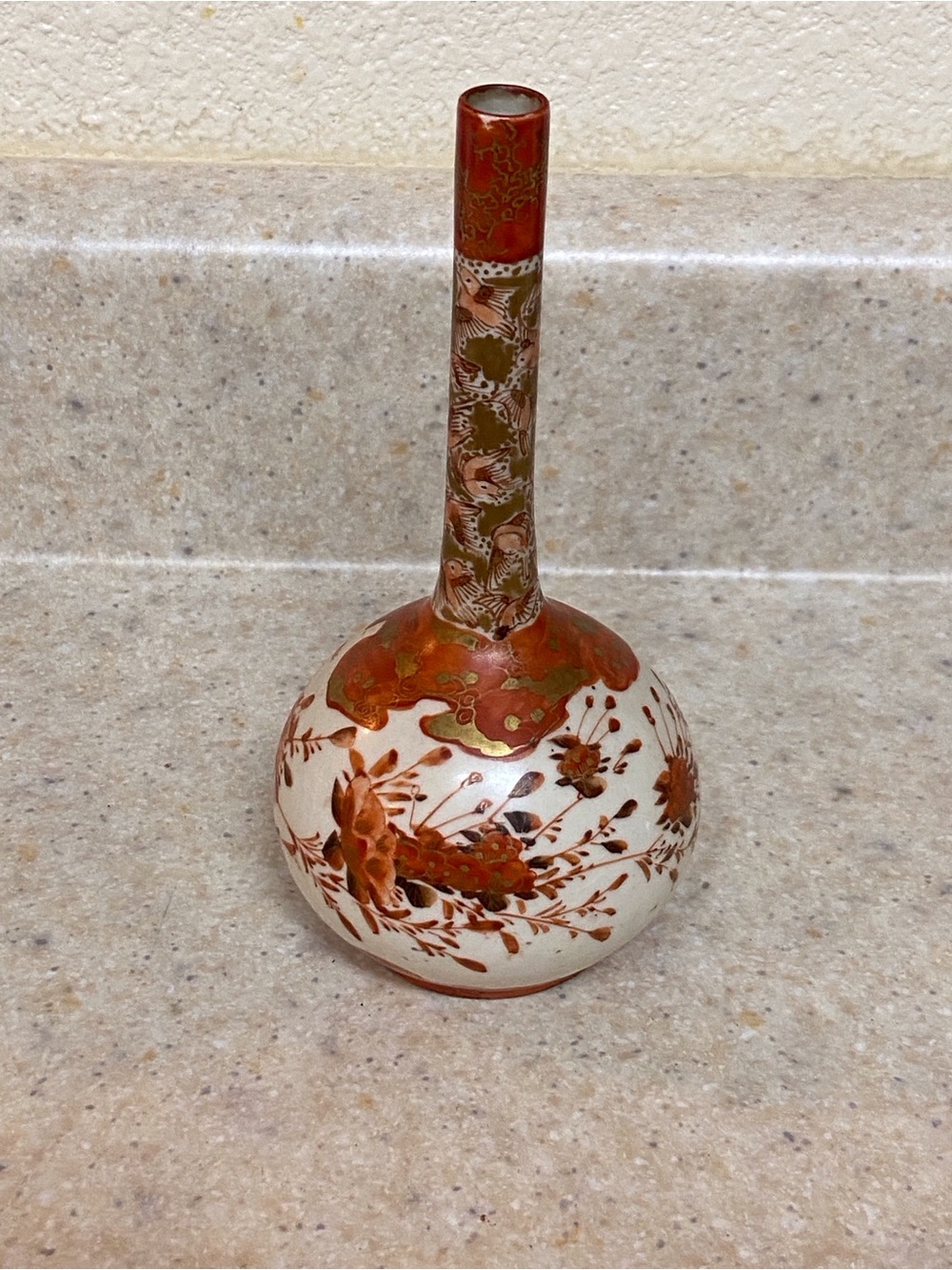 Antique Meiji Period Hand Painted Kutani Decorative White Ceramic Bud Vase